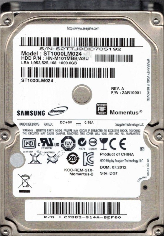 Samsung ST1000LM024 P/N: HN-M101MBB/ASU F/W: 2AR10001 1TB Momentus