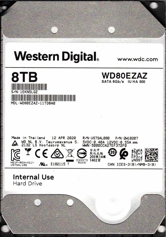 WD80EZAZ-11TDBA0 P/N: 2W10207 APR 2020 Thailand Western Digital 8TB