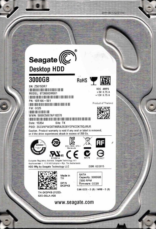 ST3000DM001 P/N: 1ER166-501 F/W: CC25 TK Z501 02/2015 Seagate 3TB