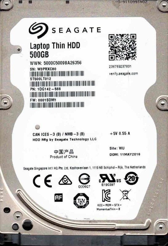 ST500LT012 P/N: 1DG142-566 F/W: 0001SDM1 WU W3PR MAY 2016 Seagate 500GB