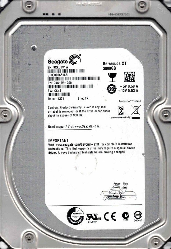 ST33000651AS P/N: 9KC16V-300 F/W: CC44 TK 9XK0 Seagate 3TB