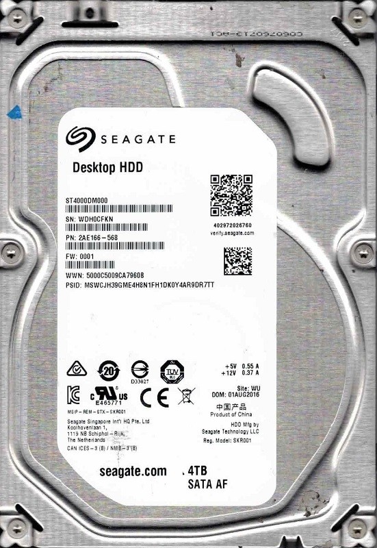 ST4000DM000 P/N: 2AE166-568 F/W: 0001 WU WDH0 AUG 2016 Seagate 4TB