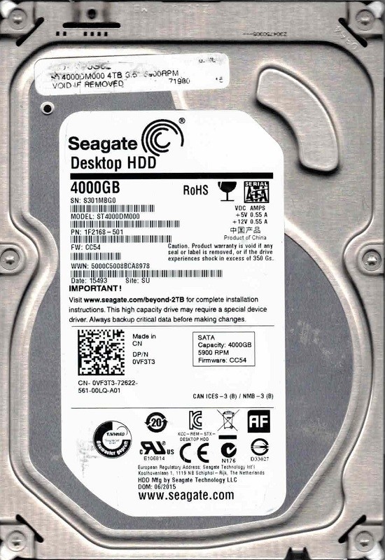 ST4000DM000 P/N: 1F2168-501 F/W: CC54 SU S301 06/2015 Seagate 4TB