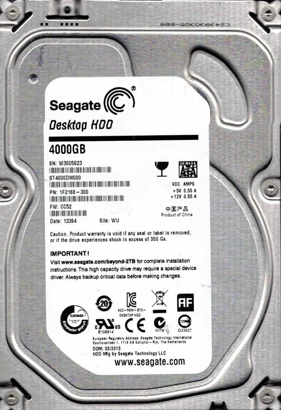 ST4000DM000 P/N: 1F2168-300 F/W: CC52 WU W300 China 03/2013 Seagate 4TB
