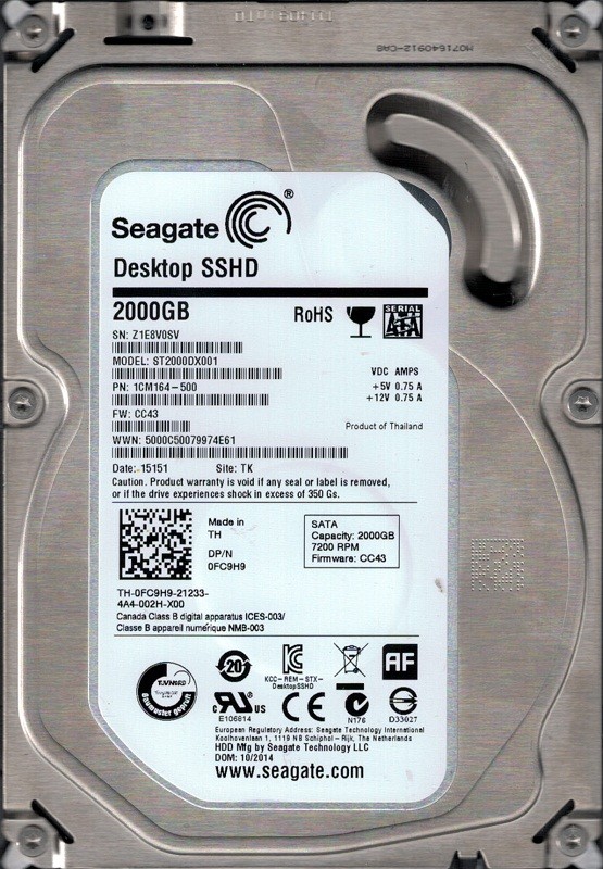 ST2000DX001 P/N: 1CM164-500 F/W: CC43 TK Z1E Seagate 2TB 