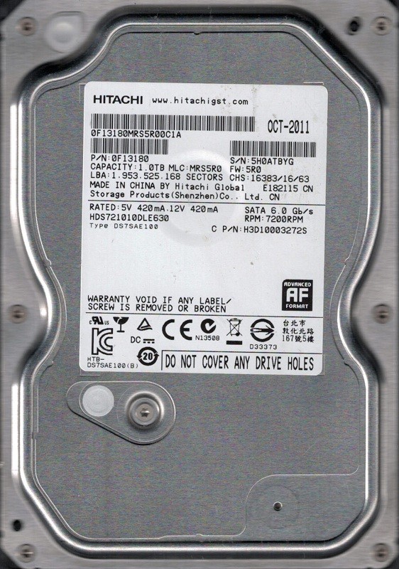 HDS721010DLE630 P/N: 0F13180 MLC: MRS5R0 China Hitachi 1TB