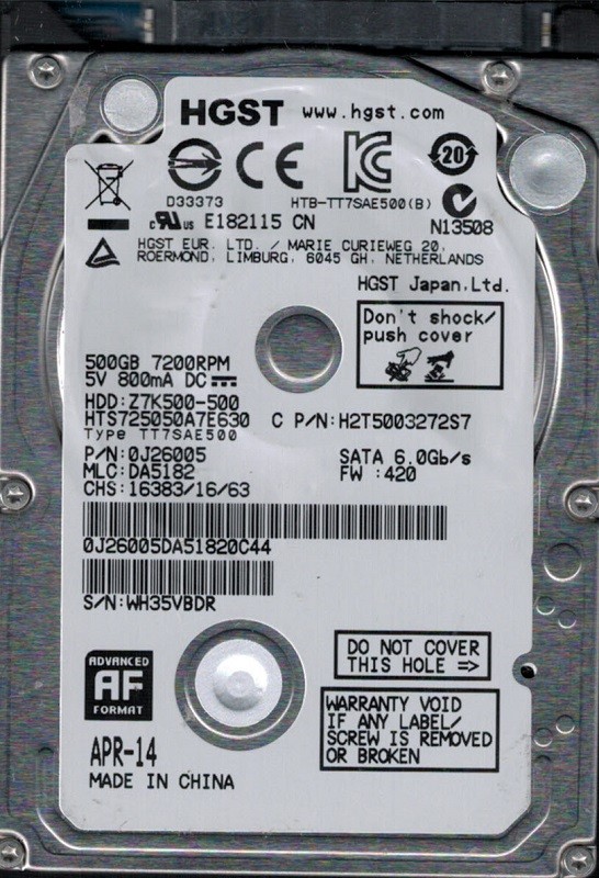 HTS725050A7E630 MLC: DA5182 P/N: 0J26005 China HGST 500GB