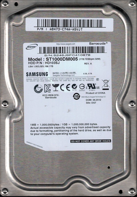 Samsung ST1000DM005 HD103SJ 1TB P/N: A8473-C74A-A5VJT Seagate