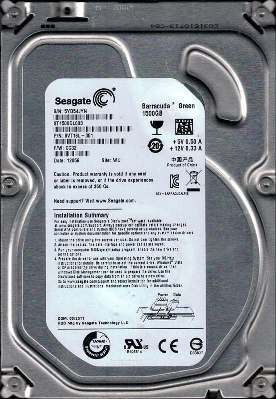 Seagate ST1500DL003 P/N: 9VT16L-301 F/W: CC32 1.5TB WU 5YD