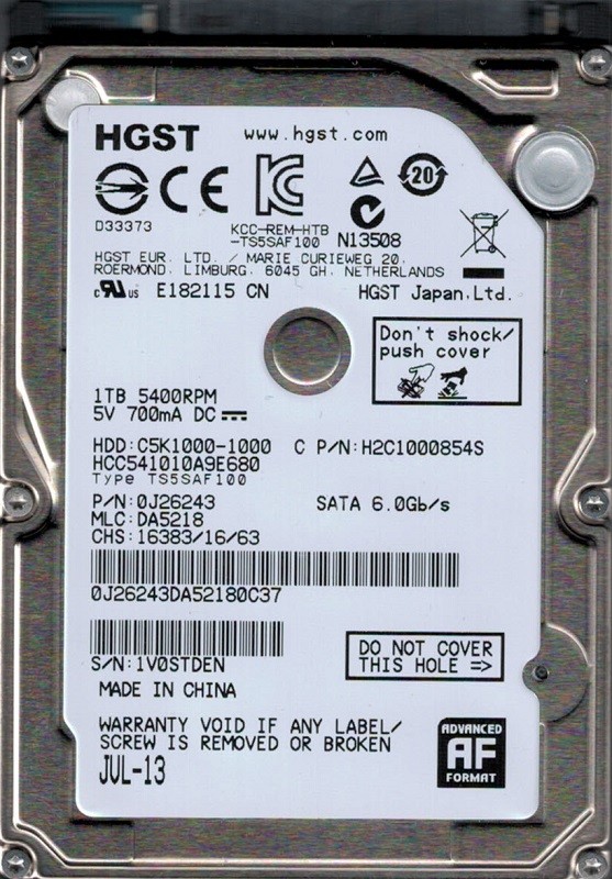 HGST HCC541010A9E680 P/N: 0J26243 MLC: DA5218 1TB