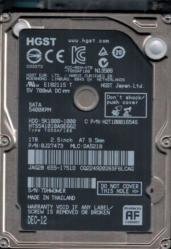 HTS541010A9E662 P/N: 0J27473 MLC: DA5218 MAC 655-1751D HGST 1TB