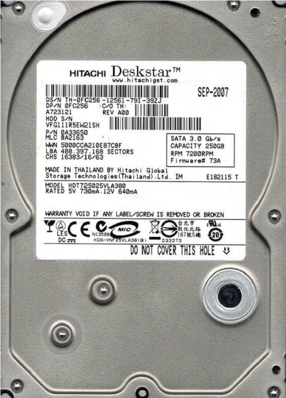 Hitachi HDT725025VLA380 P/N: 0A33650 MLC: BA2163 250GB