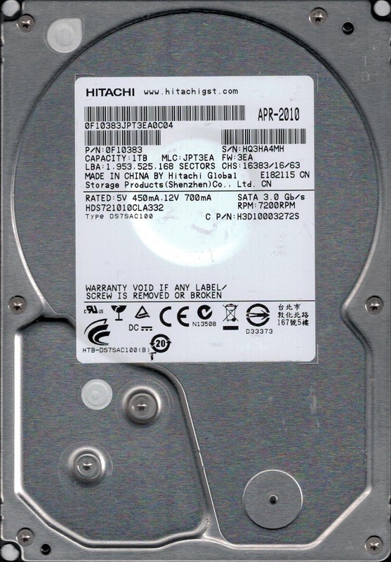 Hitachi HDS721010CLA332 P/N: 0F10383 MLC: JPT3EA 1TB