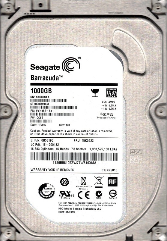 ST1000DM003 F/W: CC62 P/N: 9YN162-541 SU S1D 1TB Seagate Desktop HDD