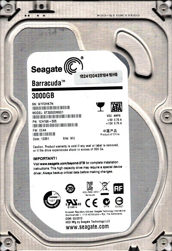 Seagate ST3000DM001 P/N: 1CH166-505 F/W: CC44 3TB WU W1F