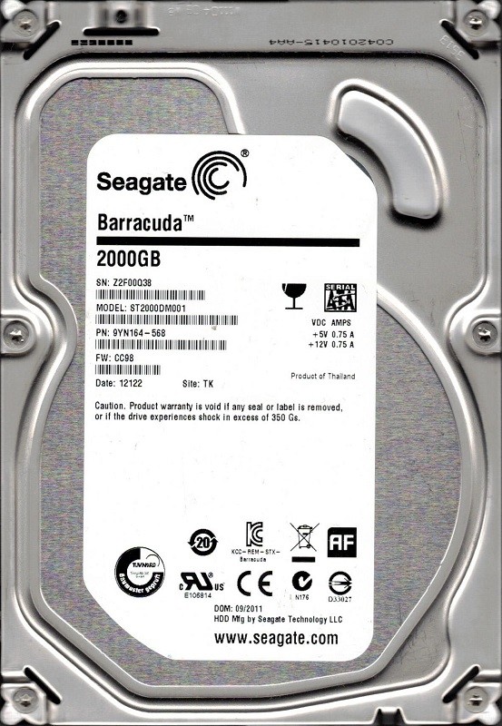 ST2000DM001 P/N: 9YN164-568  F/W: CC98 TK Z2F Seagate 2TB