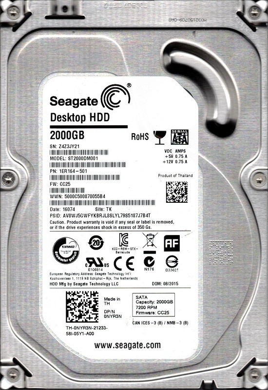 Seagate ST2000DM001 P/N: 1ER164-501 F/W: CC25 TK Z4Z 2TB Desktop HDD