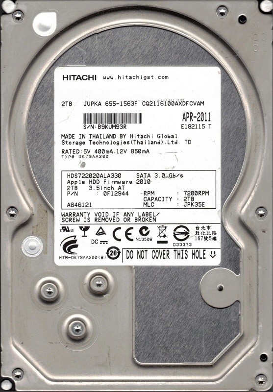 Hitachi HDS722020ALA330 MAC 655-1563F 2TB P/N: 0F12944 MLC: JPK35E
