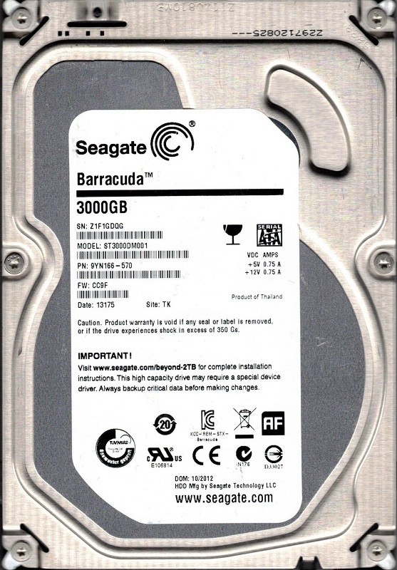 ST3000DM001 P/N: 9YN166-570 F/W: CC9F TK Z1F1 Seagate 3TB
