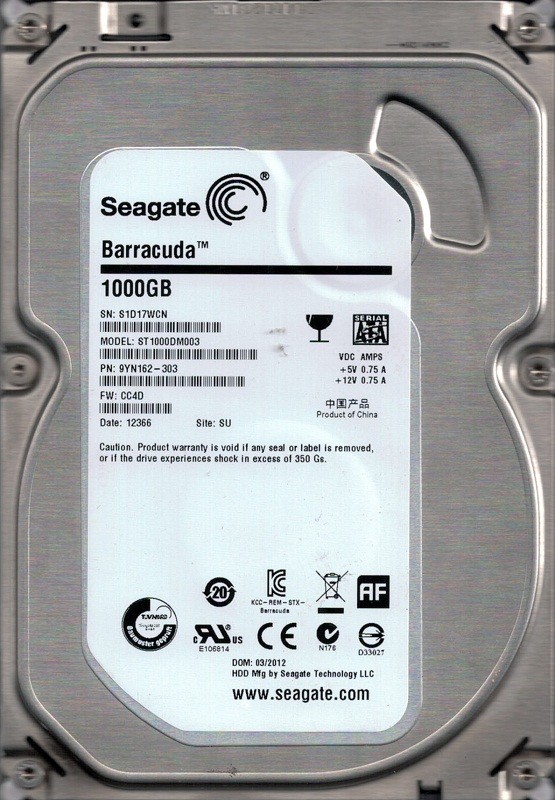 ST1000DM003 P/N: 9YN162-303 F/W: CC4D SU S1D Seagate 1TB