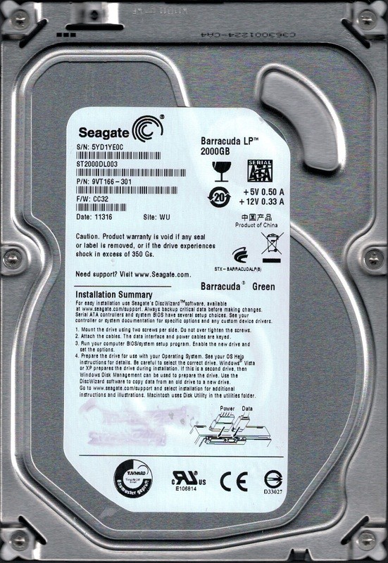 Seagate ST2000DL003 2TB P/N: 9VT166-301 F/W: CC32 WU 5YD Desktop Hard Drive