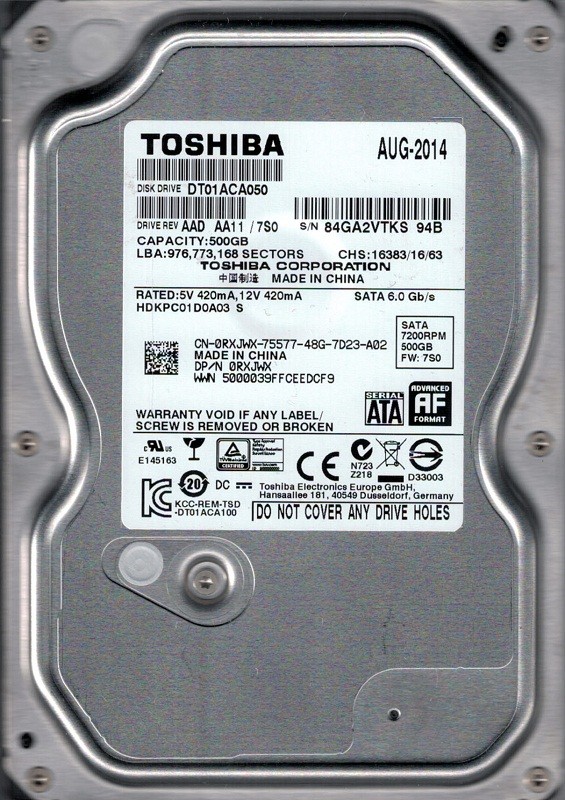 DT01ACA050 AAD AA11/7S0 China Toshiba 500GB