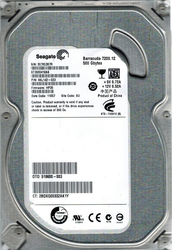 Seagate ST3500418AS F/W: HP35 P/N: 9SL142-023 500GB SU