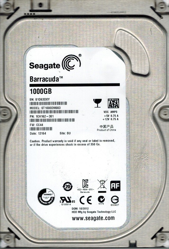 Seagate ST1000DM003 P/N: 1CH162-301 F/W: CC44 SU 1TB