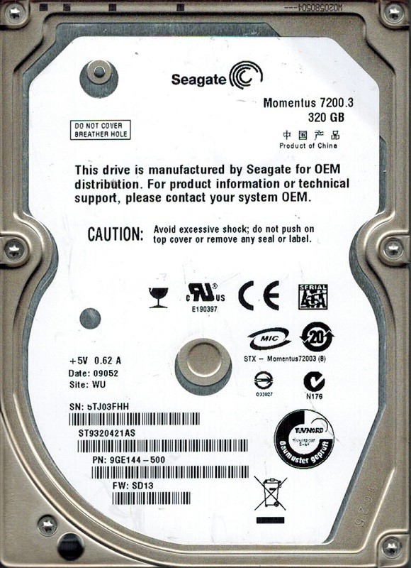 Seagate ST9320421AS P/N: 9GE144-500 F/W: SD13 320GB WU