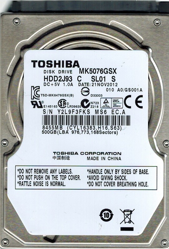 Toshiba MK5076GSX HDD2J93 C SL01 S 500GB CHINA