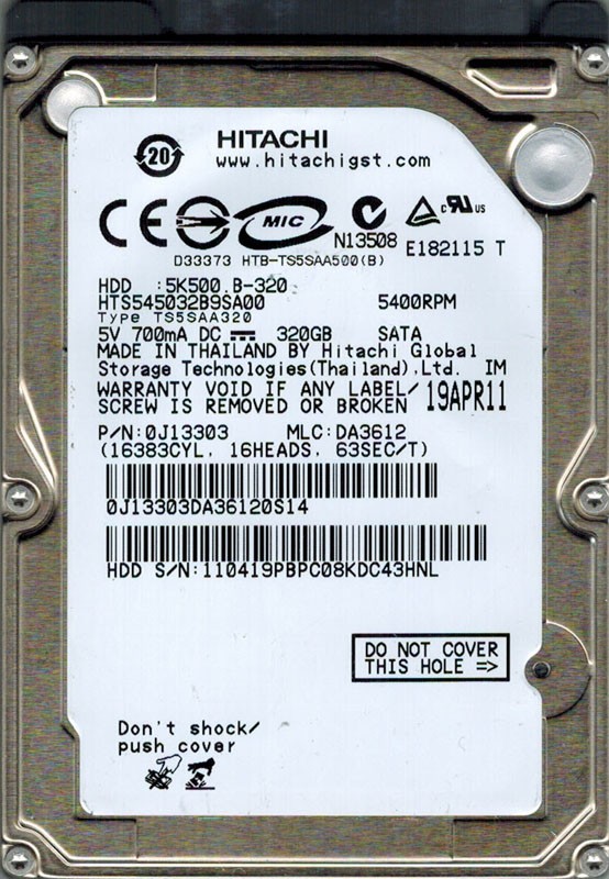 Hitachi HTS545032B9SA00 P/N: 0J13303 MLC: DA3612 320GB