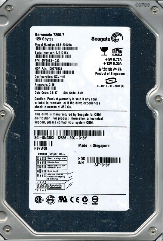 Seagate ST3120026A P/N: 9W2083-032 F/W: 3.16 120GB AMK