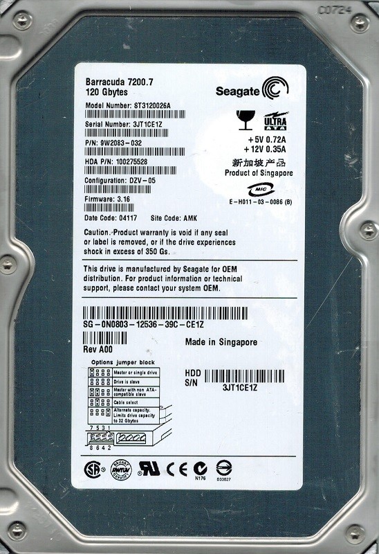 Seagate ST3120026A P/N: 9W2083-032 F/W: 3.16 AMK 120GB
