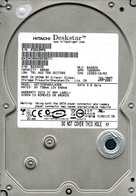 Hitachi HDT725040VLA360 P/N: 0A33439 MLC: BA2029 400GB 