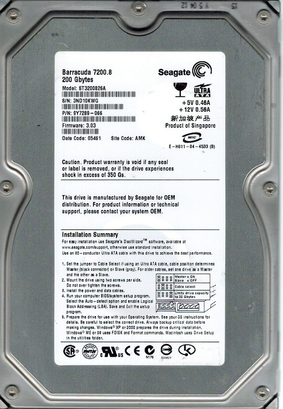 Seagate ST3200826A P/N: 9Y7289-066 F/W: 3.03 200GB AMK