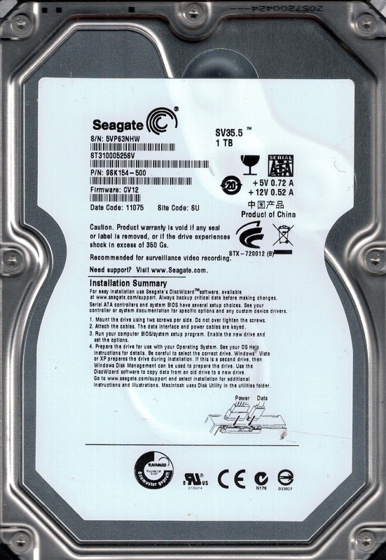 Seagate ST31000525SV P/N: 9SK154-500 F/W: CV12 SU 1TB
