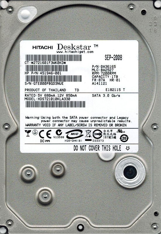 Hitachi HDS721010KLA330 P/N: 0A36165 MLC: BA2527 1TB
