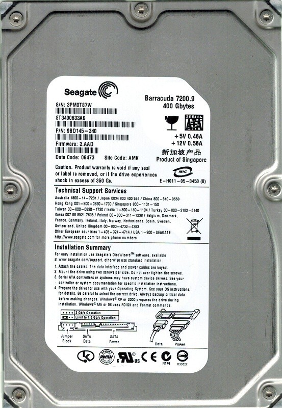 Seagate ST3400633AS P/N: 9BD145-340 400GB F/W: 3.AAD AMK