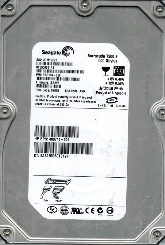 Seagate ST3500641AS P/N: 9BD148-620 500GB F/W: 3.AHH