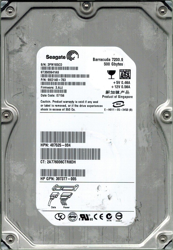 Seagate ST3500641AS P/N: 9BD148-783 500GB F/W: 3.AAJ