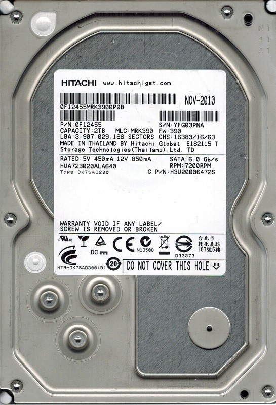 Hitachi HUA723020ALA640 P/N: 0F12455 MLC: MRK390 2TB