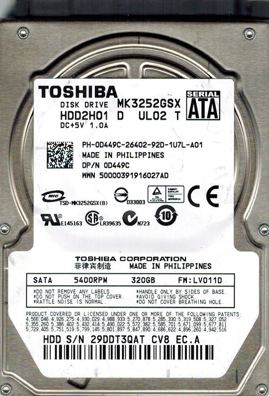 Toshiba MK3252GSX HDD2H01 D UL02 T 320GB F/W: LV011D Philippines