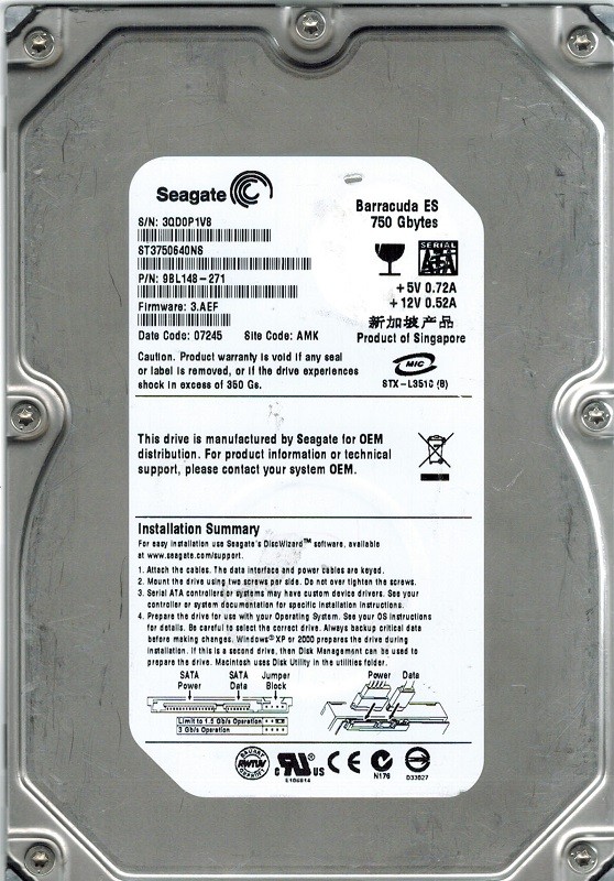 Seagate ST3750640NS P/N: 9BL148-271 F/W: 3.AEF 750GB AMK