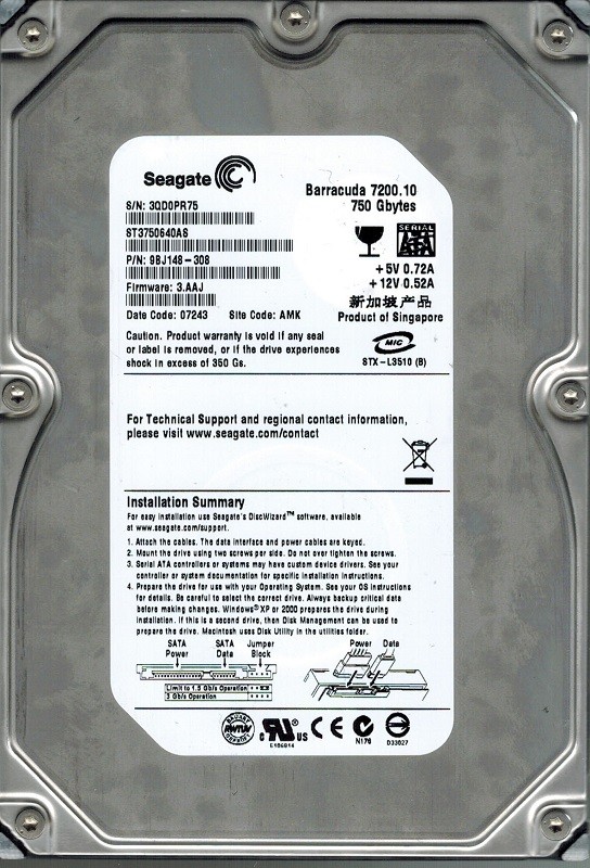 Seagate ST3750640AS P/N: 9BJ148-308 F/W: 3.AAJ 750GB AMK