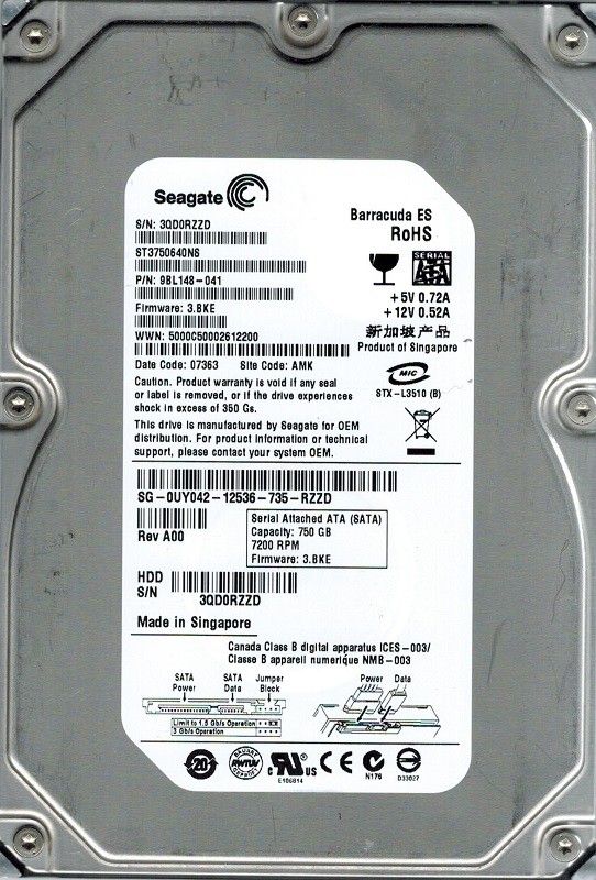 Seagate ST3750640NS P/N: 9BL148-041 F/W: 3.BKE 750GB AMK