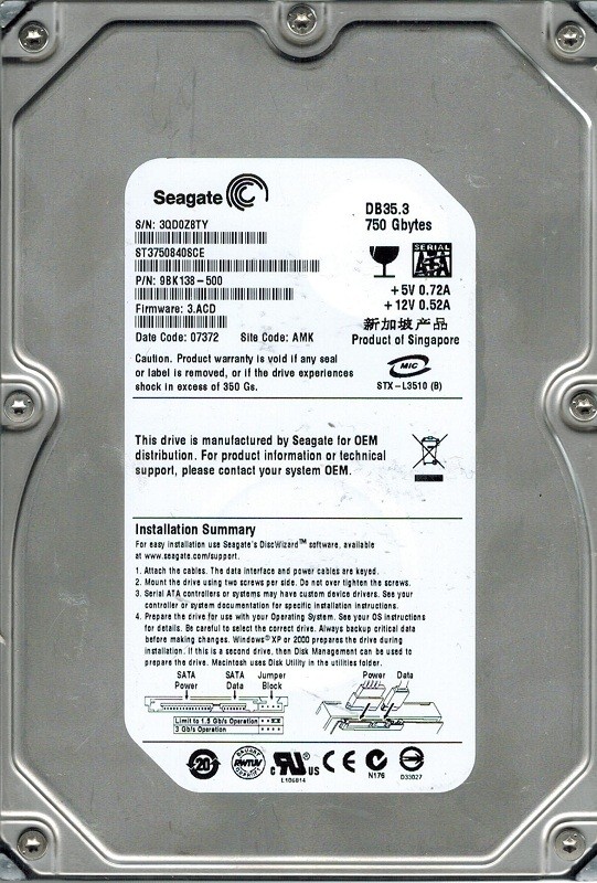 Seagate ST3750840SCE P/N: 9BK138-500 F/W: 3.ACD 750GB AMK