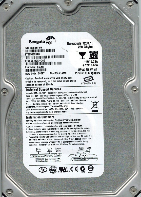 Seagate ST3250820AS P/N: 9BJ13E-300 F/W: 3.AAC 250GB AMK
