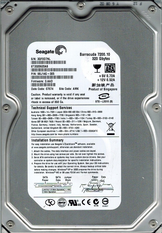 Seagate ST3320620AS P/N: 9BJ14G-305 F/W: 3.AAD AMK 320GB