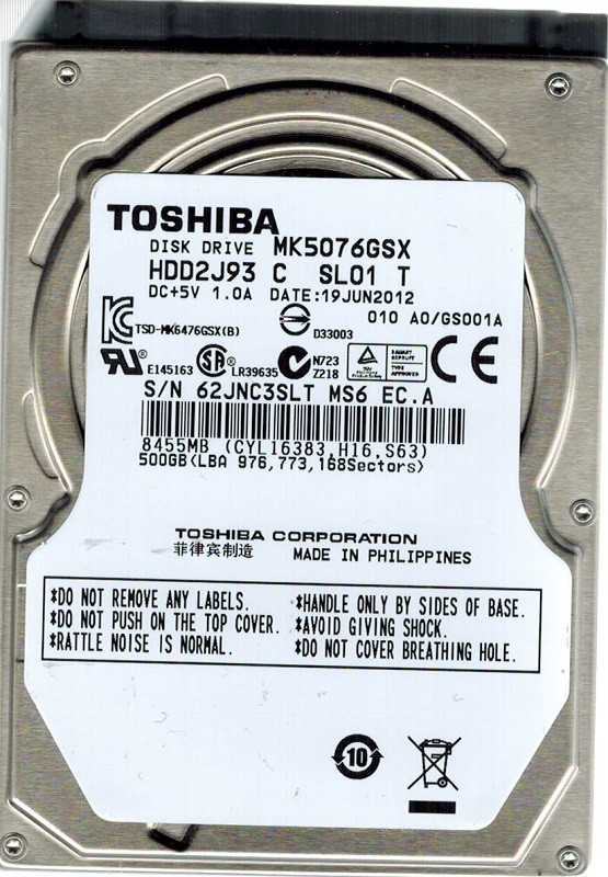 Toshiba MK5076GSX HDD2J93 C SL01 T 500GB PHILIPPINES F/W: A0/GS001A