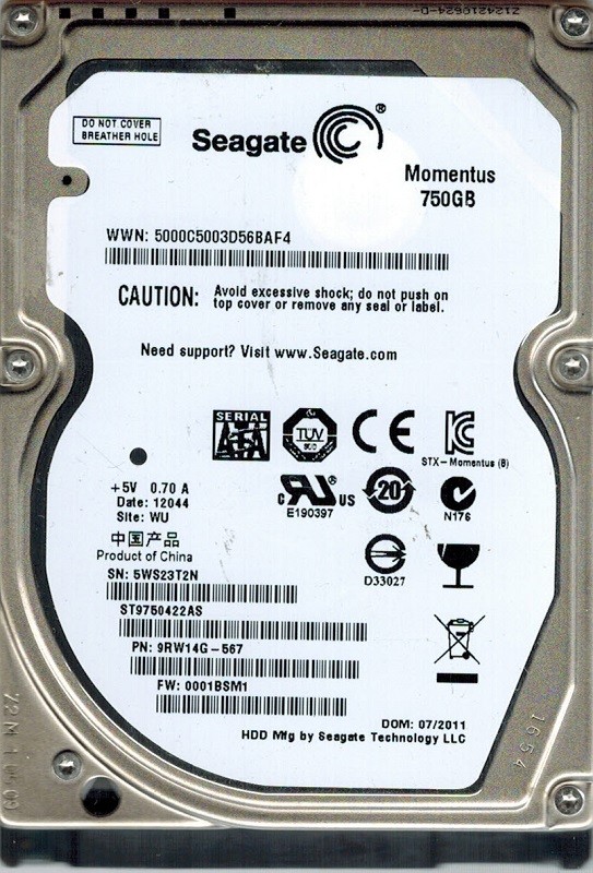 Seagate ST9750422AS 750GB P/N: 9RW14G-567 F/W: 0001BSM1 WU
